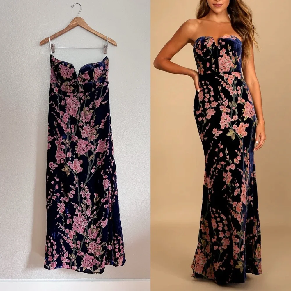 Navy Blue Floral Print Velvet Strapless Maxi Dress NWOT XL